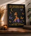 Close-up of raised lettering on I Am the Storm wall art