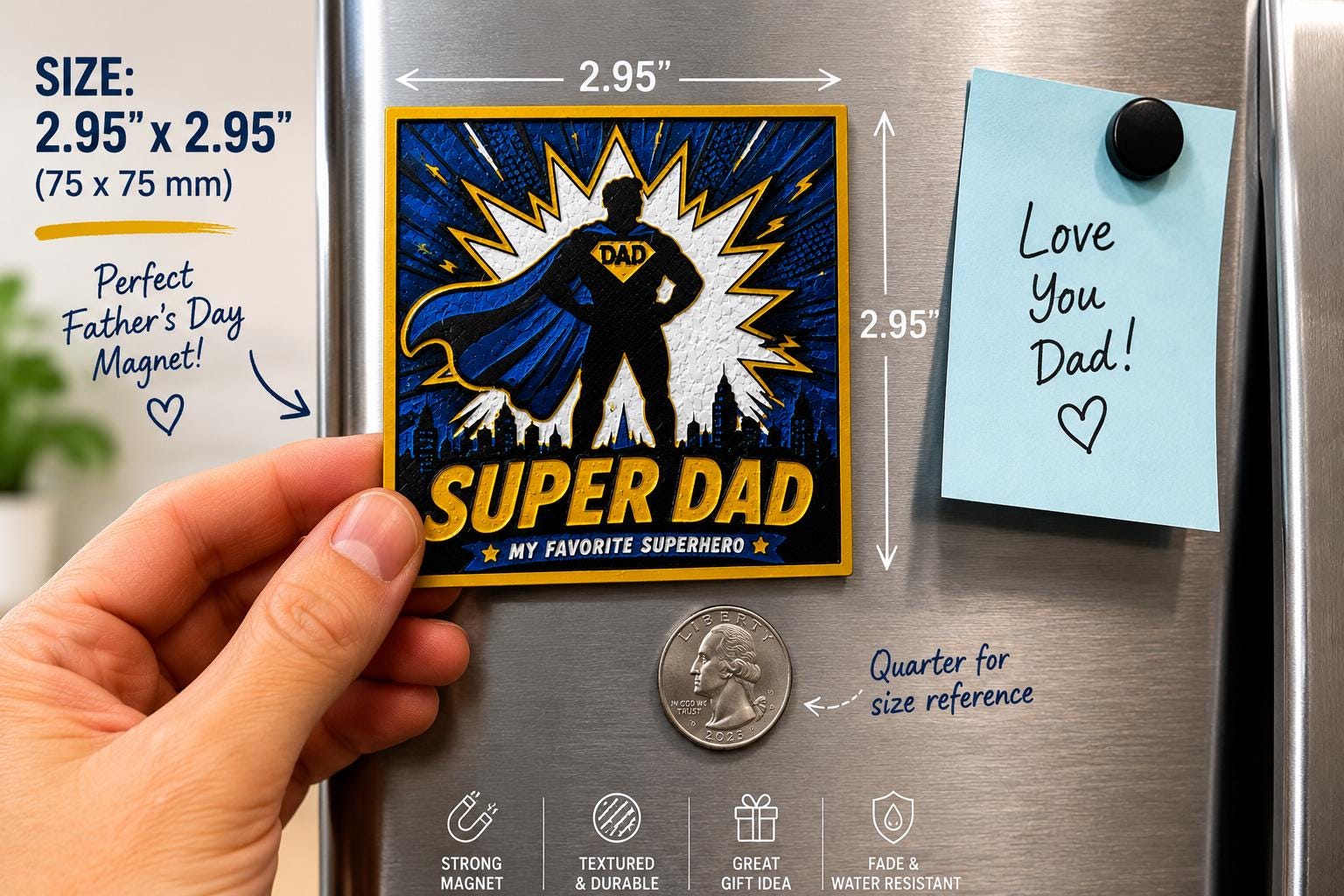 Textured 3D Printed Super Dad Magnet | Superhero Father's Day Gift