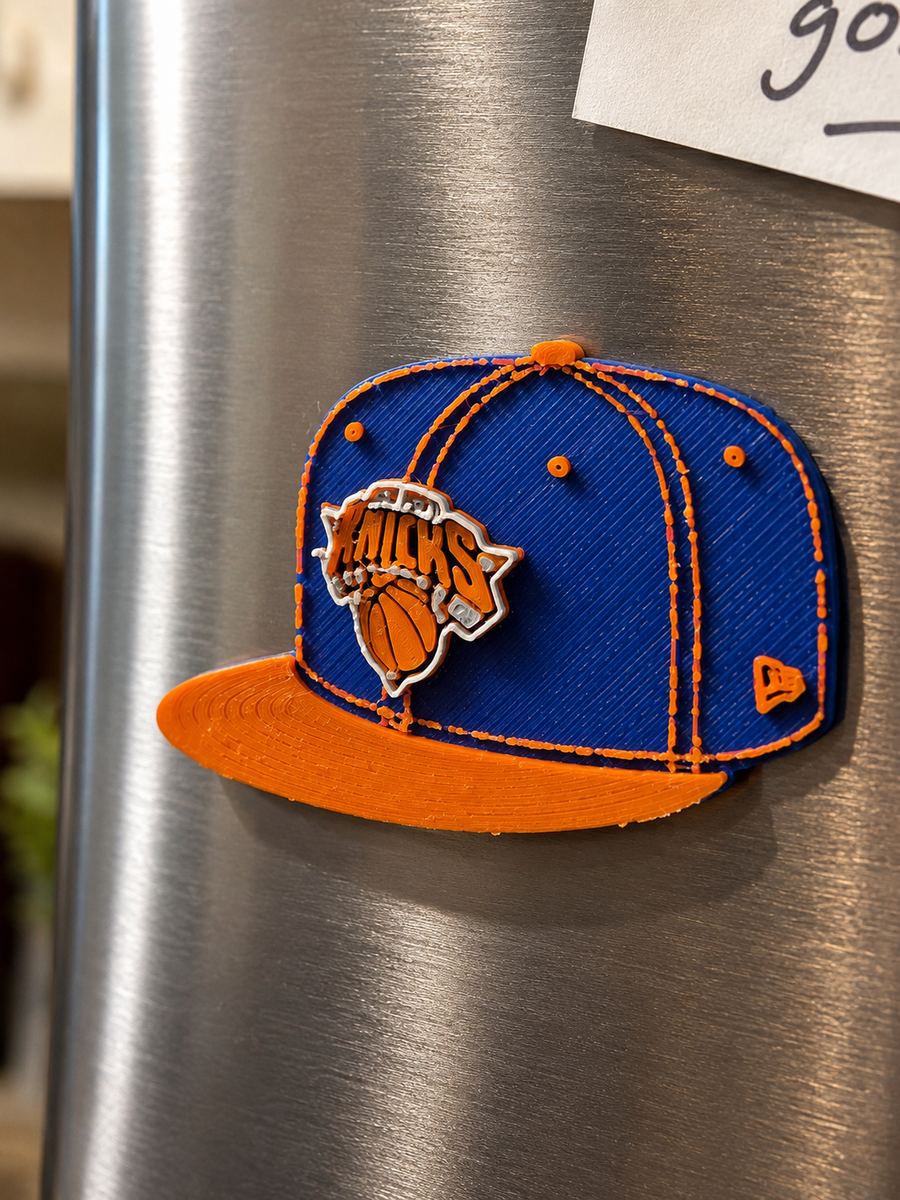 New York Basketball Hat Magnet | 3D Printed Refrigerator Magnet | Blue & Orange Cap Decor