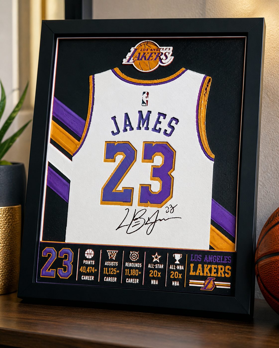 James #23 Purple & Gold 3D Printed Framed Sports Print — 8x10