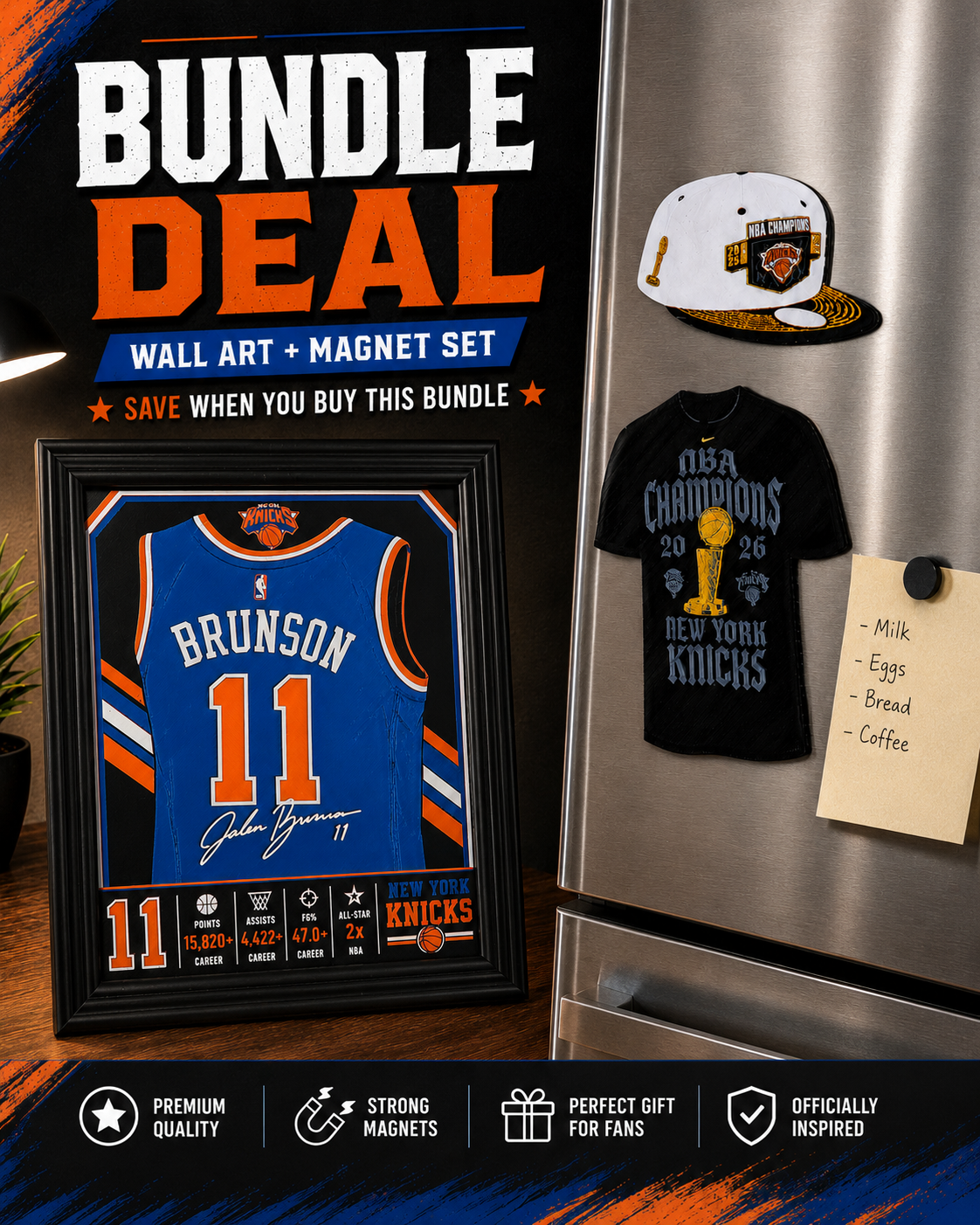 Jalen Brunson Blue Jersey 3D Printed Wall Art + Magnet Set Bundle