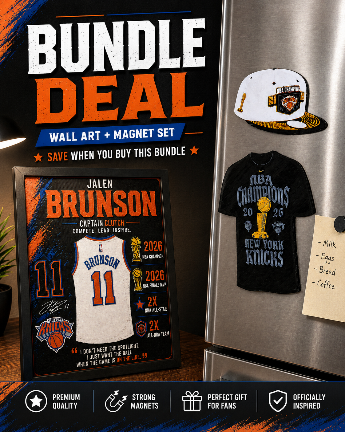 Jalen Brunson 3D Printed Wall Art + Championship Magnet Set Bundle