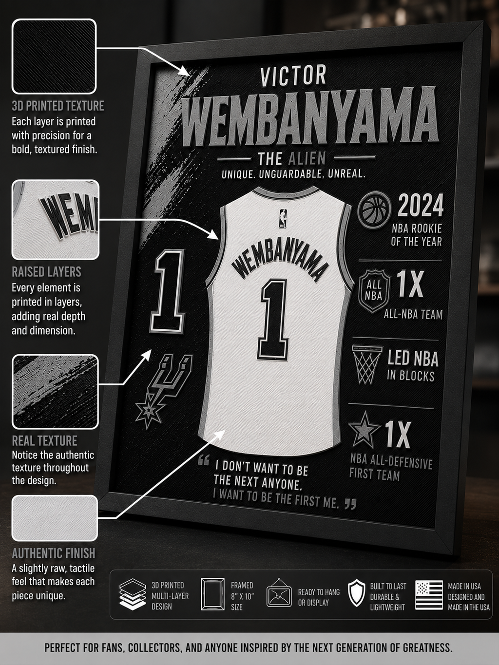 Victor Wembanyama 3D Printed Wall Art – Framed 8x10