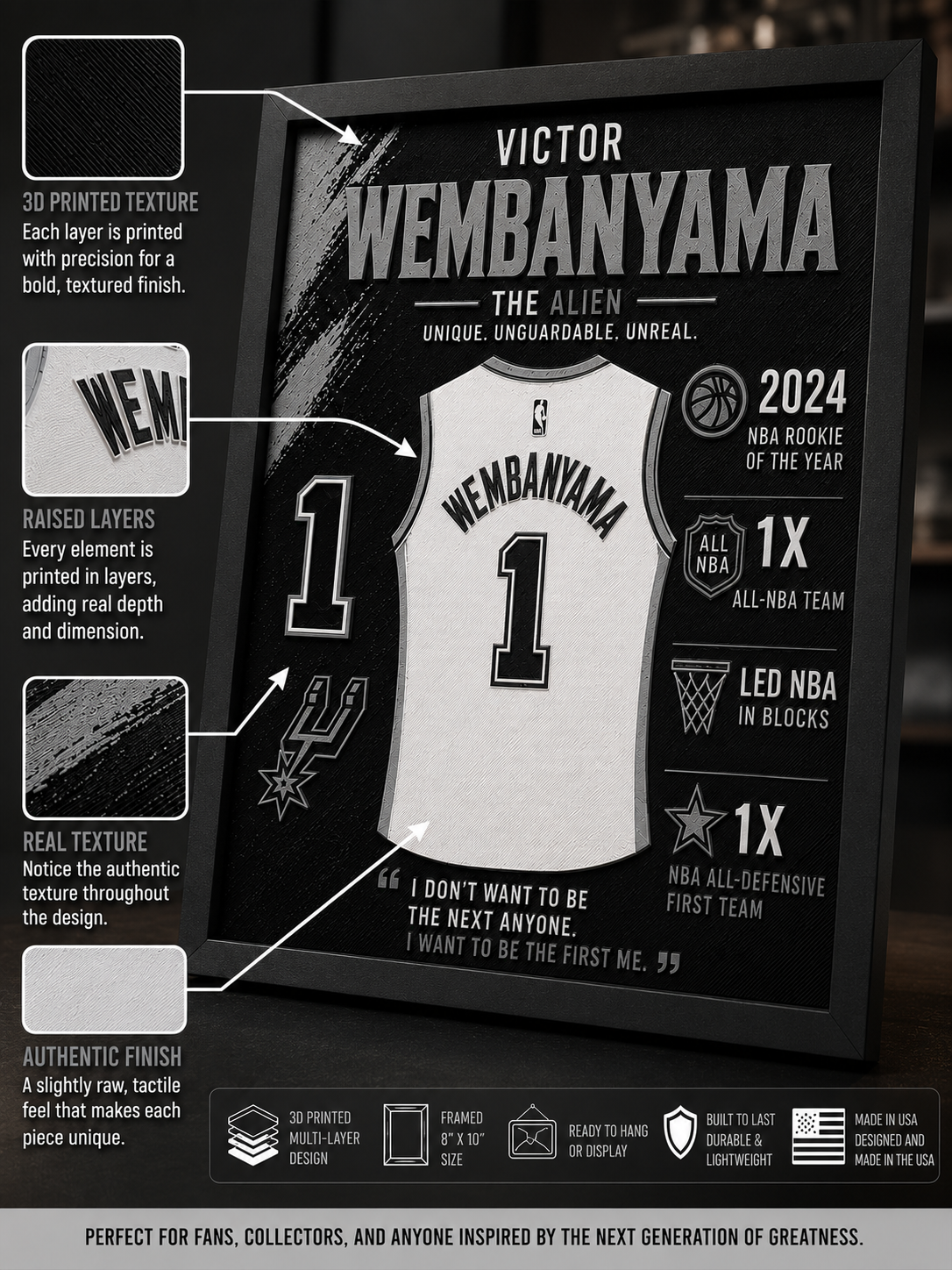 Victor Wembanyama 3D Printed Wall Art – Framed 8x10