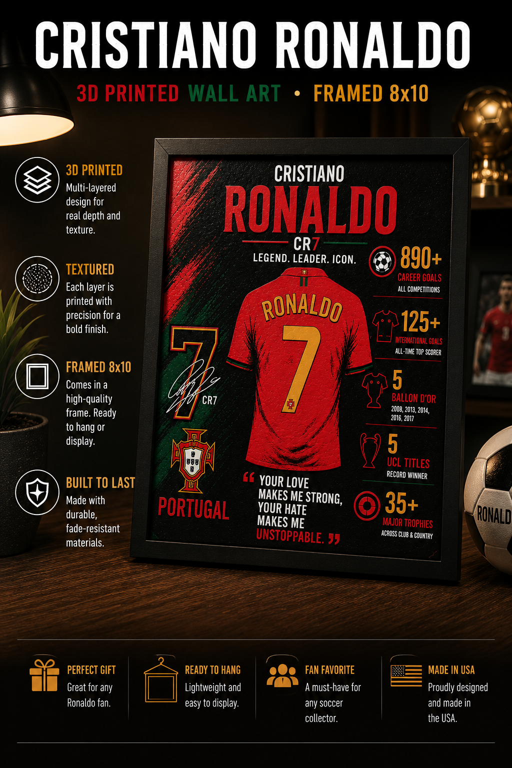 Cristiano Ronaldo 3D Printed Wall Art – Framed 8x10