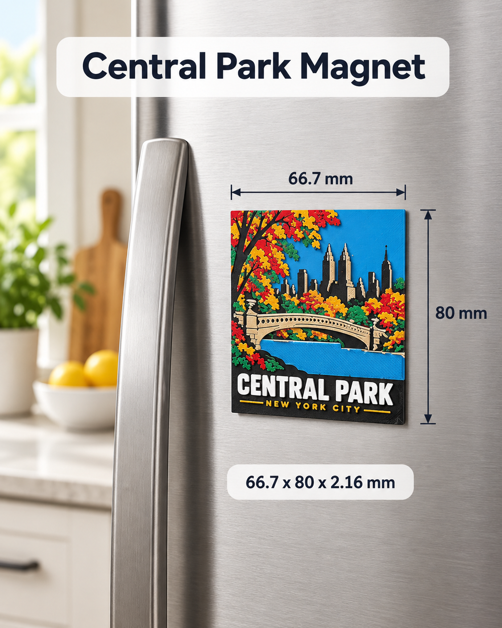 Central Park 3D printed refrigerator magnet lifestyle image with dimensions