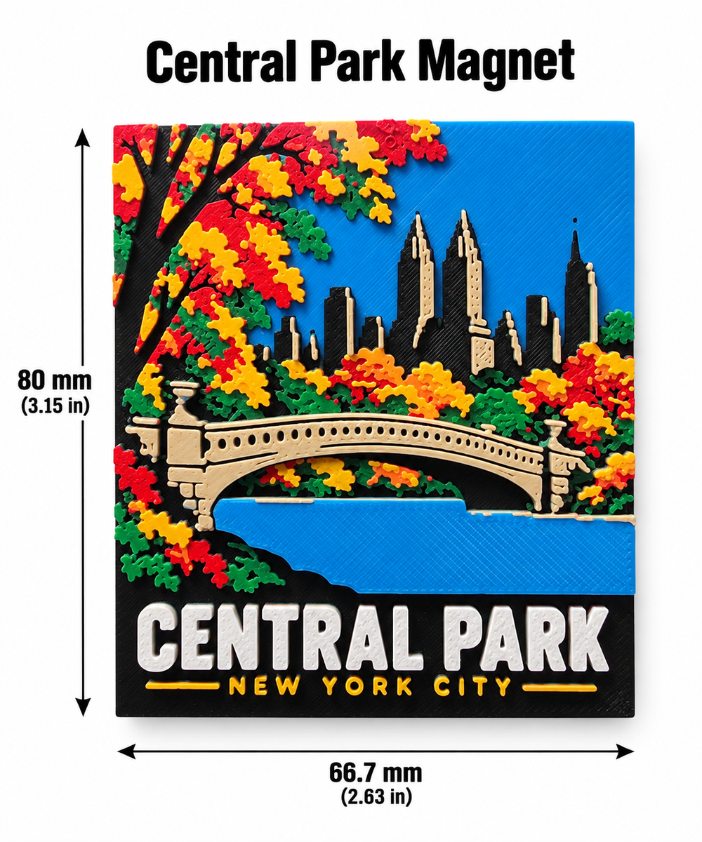 Central Park 3D printed refrigerator magnet on white background with dimensions