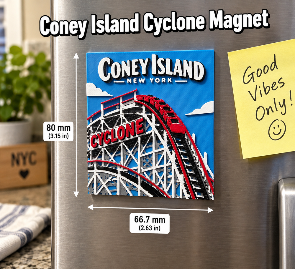 Coney Island Cyclone 3D printed refrigerator magnet lifestyle image with dimensions