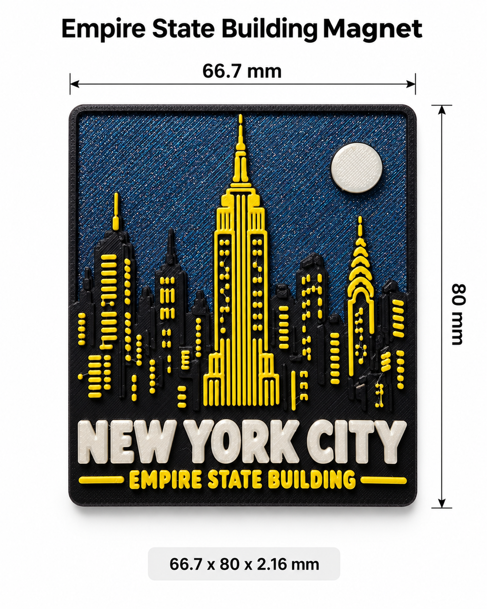 Empire State Building 3D printed refrigerator magnet on white background with dimensions