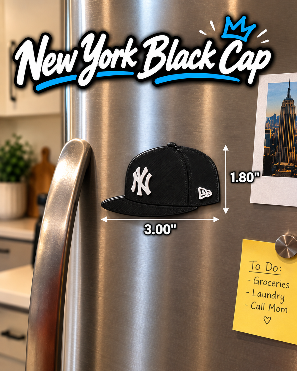 New York Black Cap refrigerator magnet shown on a fridge with 3.00 inch width and 1.80 inch height measurements