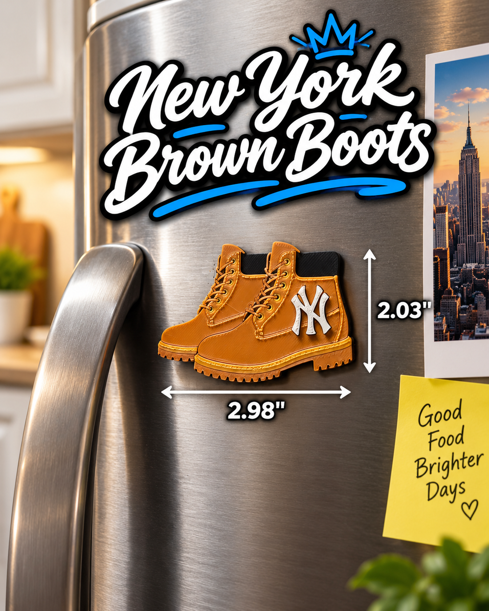 New York Brown Boots refrigerator magnet shown on a fridge with 2.98 inch width and 2.03 inch height measurements