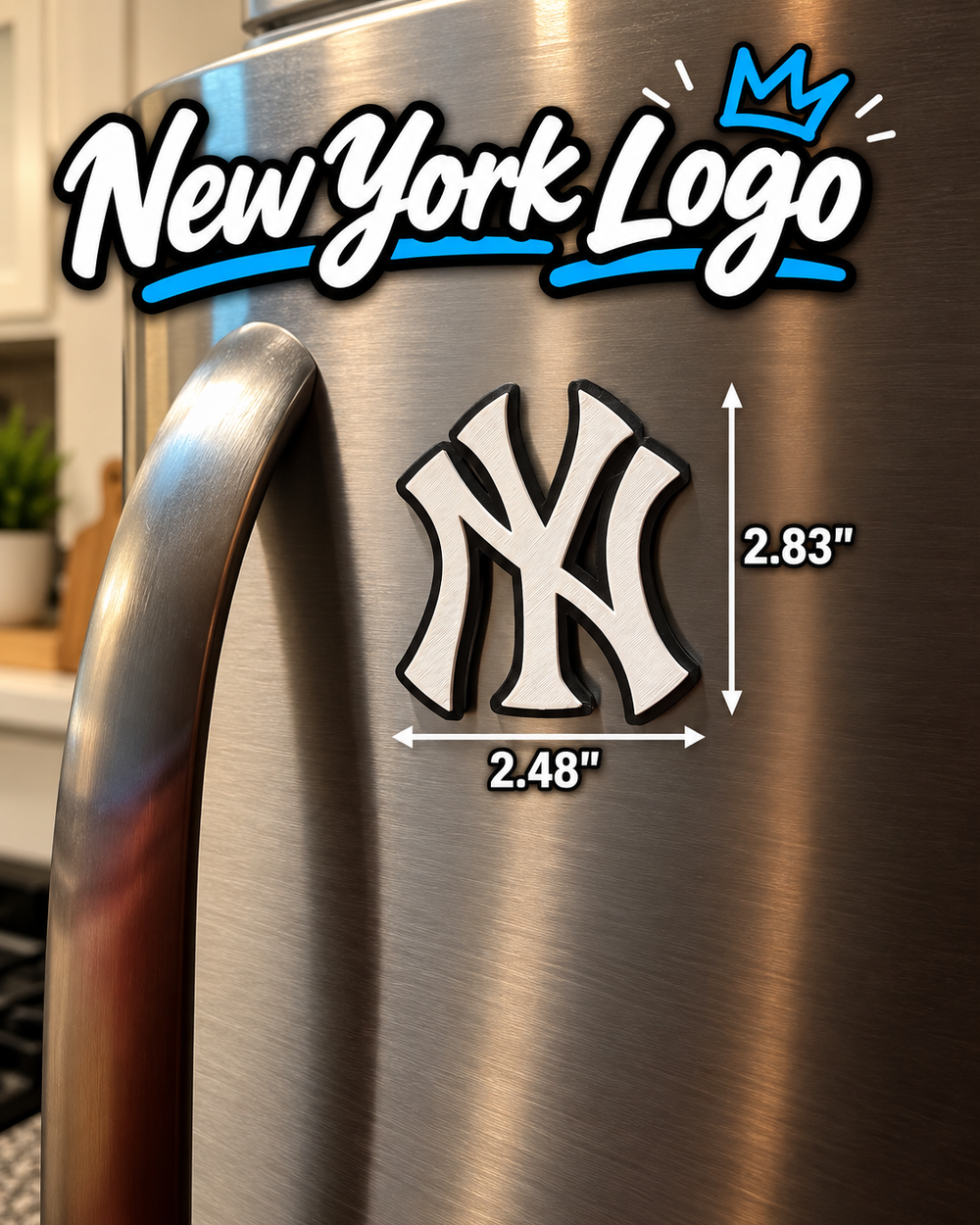 New York Letter Design refrigerator magnet shown on a fridge with 2.48 inch width and 2.83 inch height measurements