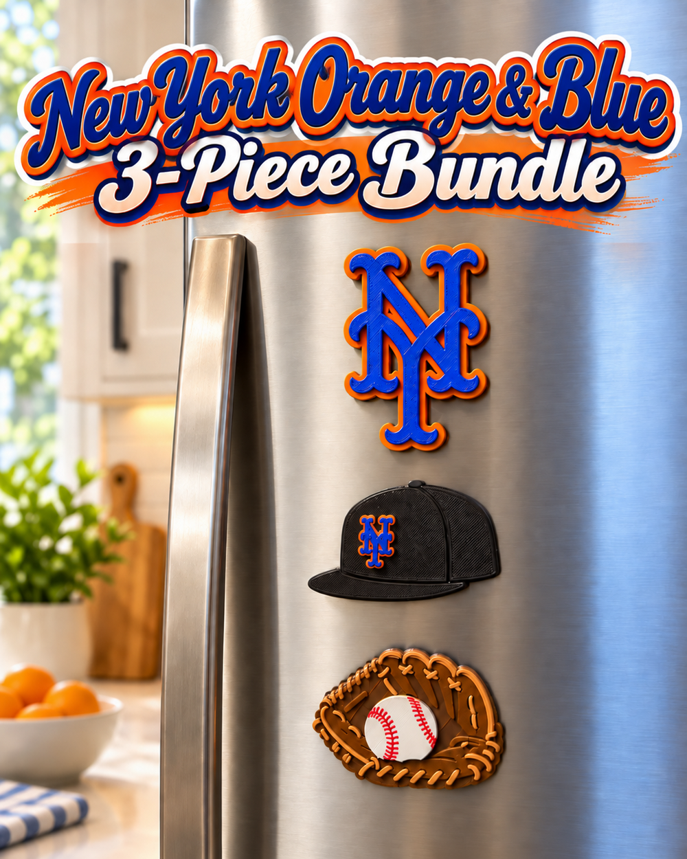 New York Orange and Blue 3-Piece Magnet Bundle on a refrigerator