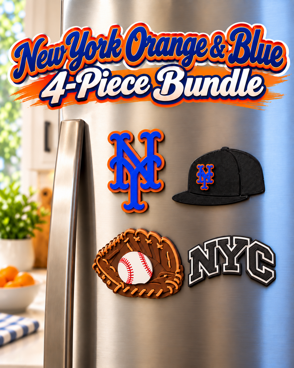 New York Orange and Blue 4-Piece Magnet Bundle on a refrigerator