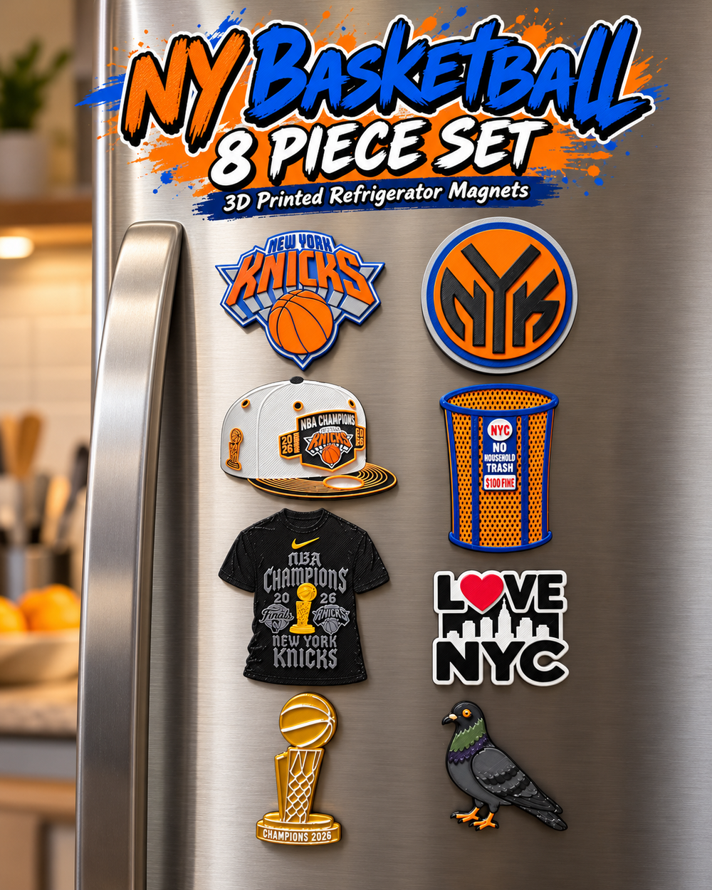 NY Basketball 8-piece 3D printed magnet set on fridge featuring team logo, round NY logo, hat, shirt, trophy, pigeon, trash basket, LOVE NYC