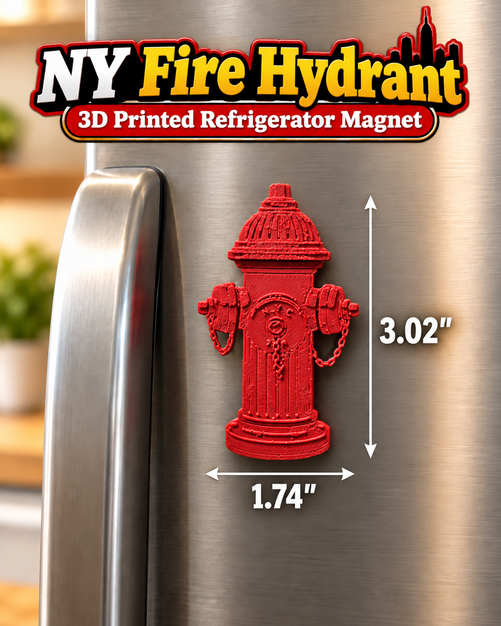 NY Fire Hydrant red magnet on stainless refrigerator, 1.74 inches wide and 3.02 inches tall