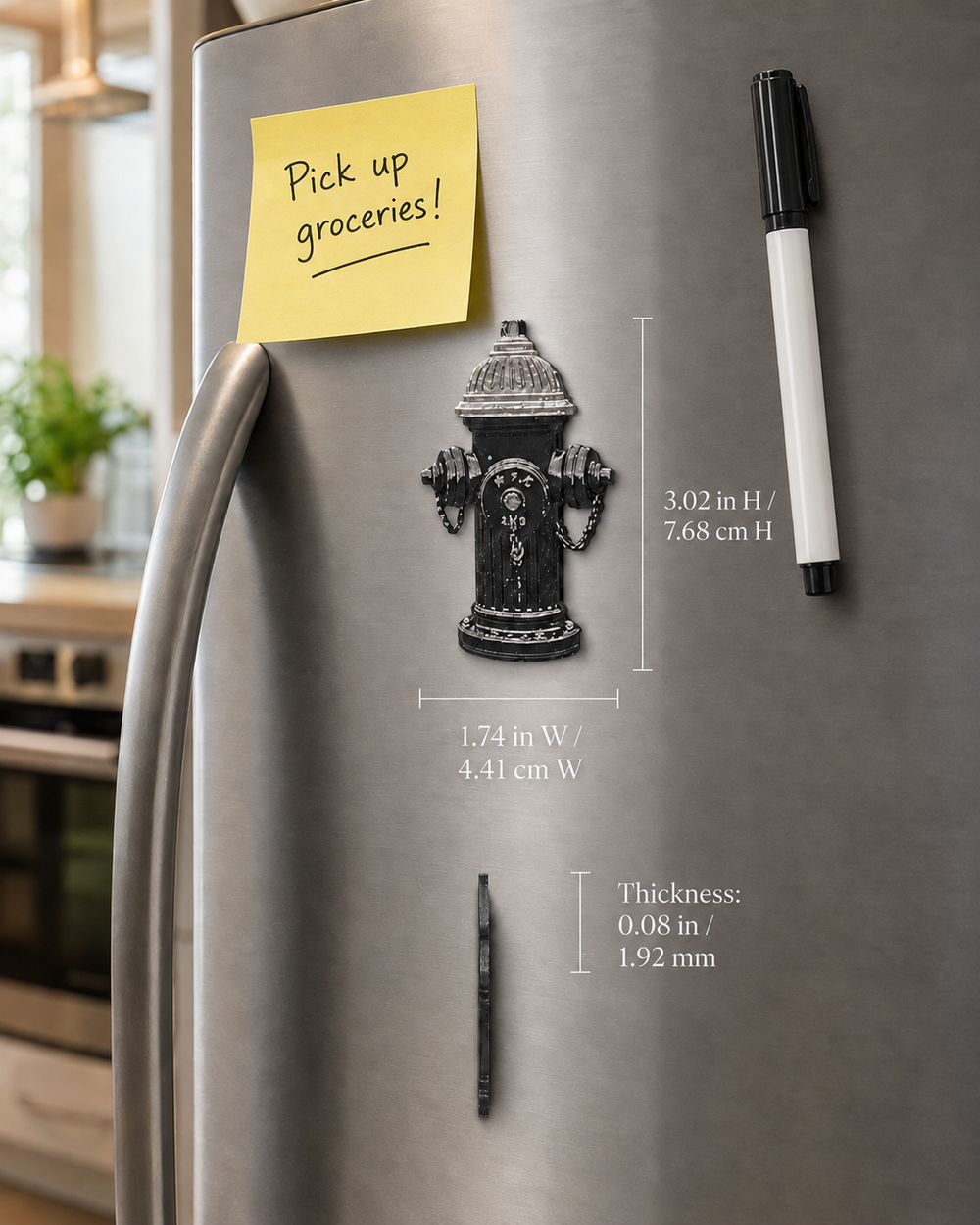 NYC fire hydrant refrigerator magnet shown beside a Post-it note and marker for size reference
