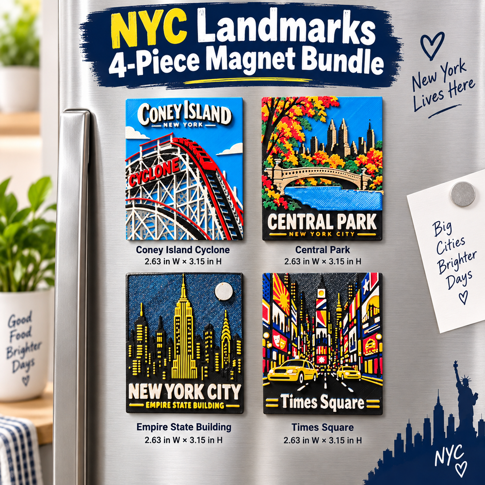 NYC Landmarks 4-Piece Magnet Bundle displayed on a stainless steel refrigerator with each magnet sized 2.63 by 3.15 inches