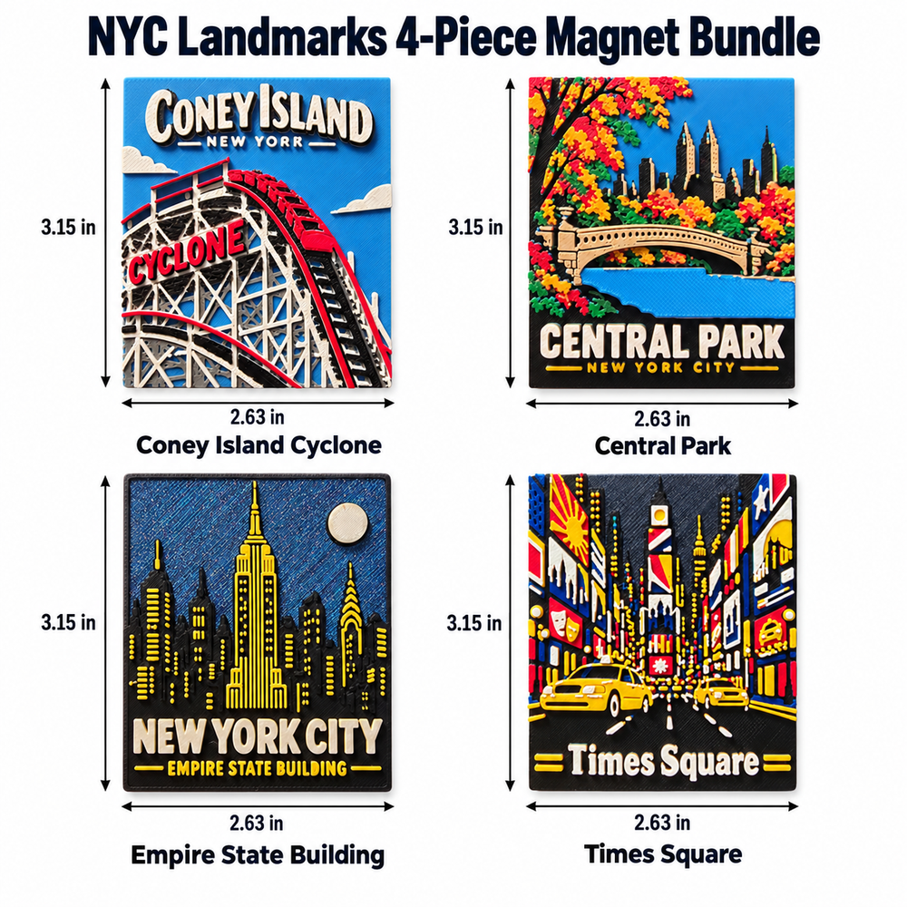 NYC Landmarks 4-Piece Magnet Bundle on a white background with each magnet measuring 2.63 inches wide by 3.15 inches high