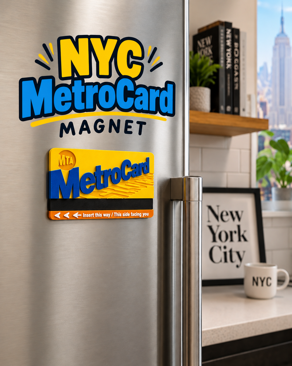 NYC MetroCard-inspired refrigerator magnet lifestyle image with title