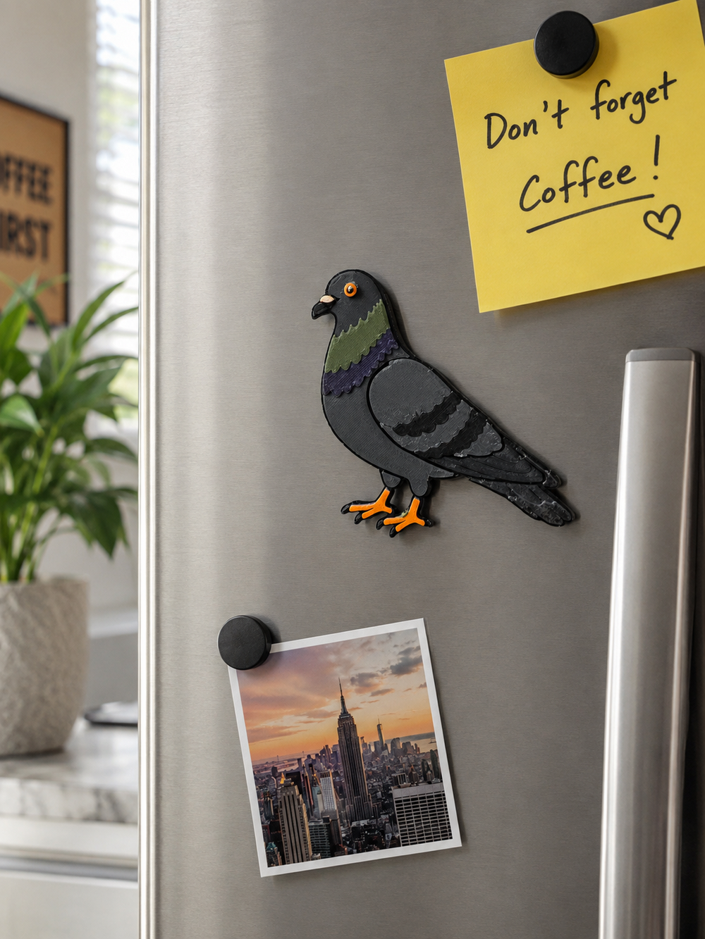 NYC pigeon 3D printed refrigerator magnet on a stainless steel refrigerator