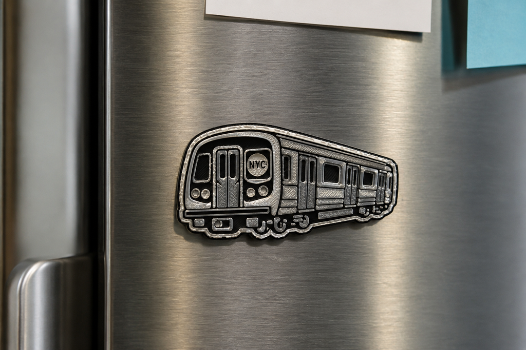 NYC subway train magnet displayed on a stainless steel refrigerator