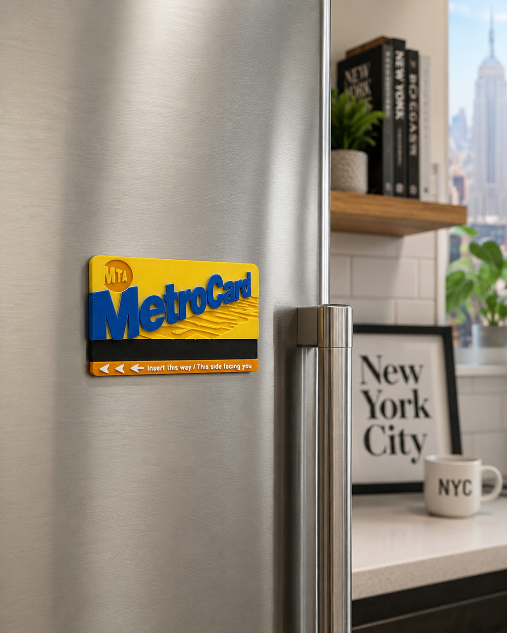 NYC transit card inspired 3D printed refrigerator magnet displayed on a stainless steel fridge