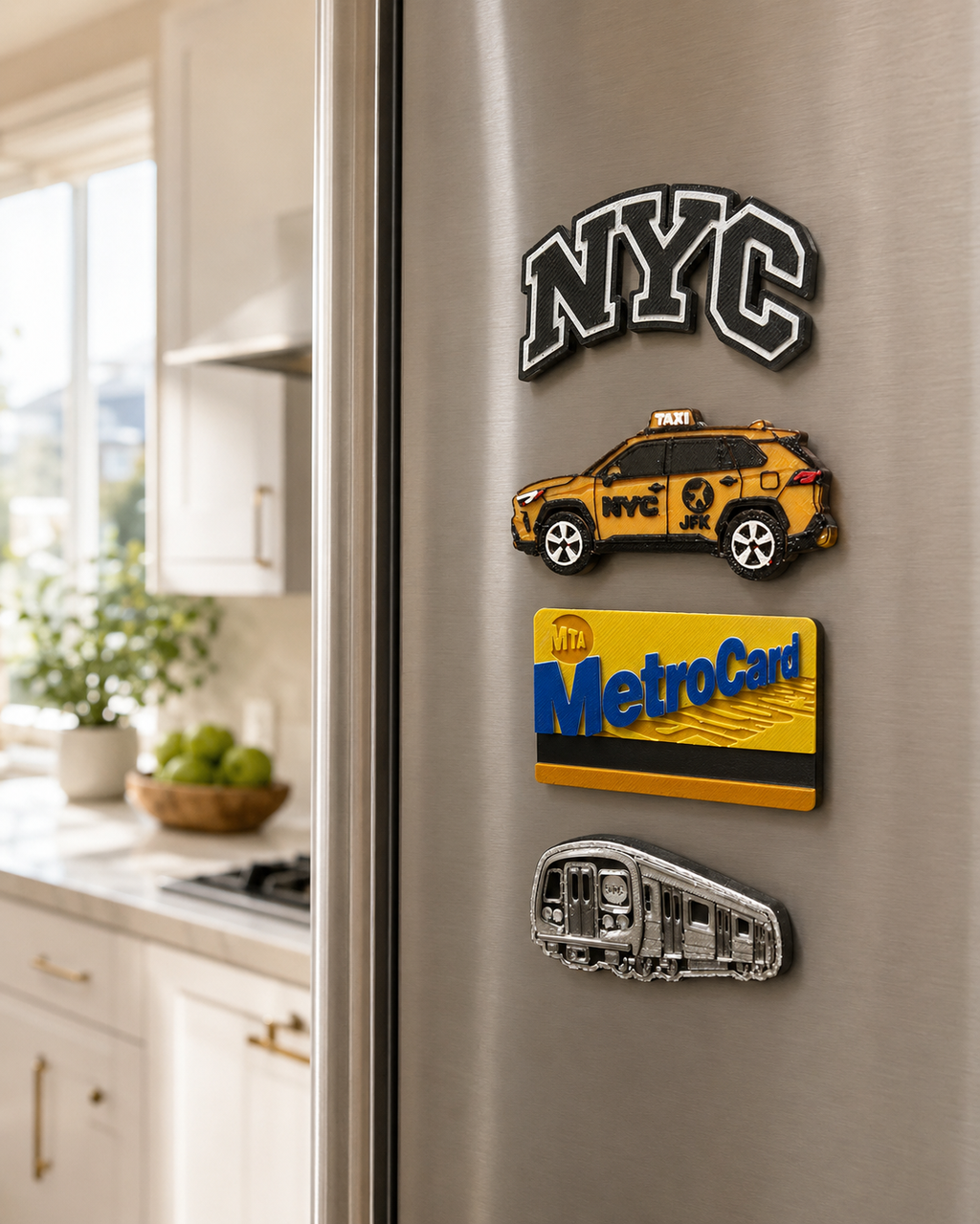 NYC Travelers Pack 4-piece magnet set displayed on a stainless steel refrigerator