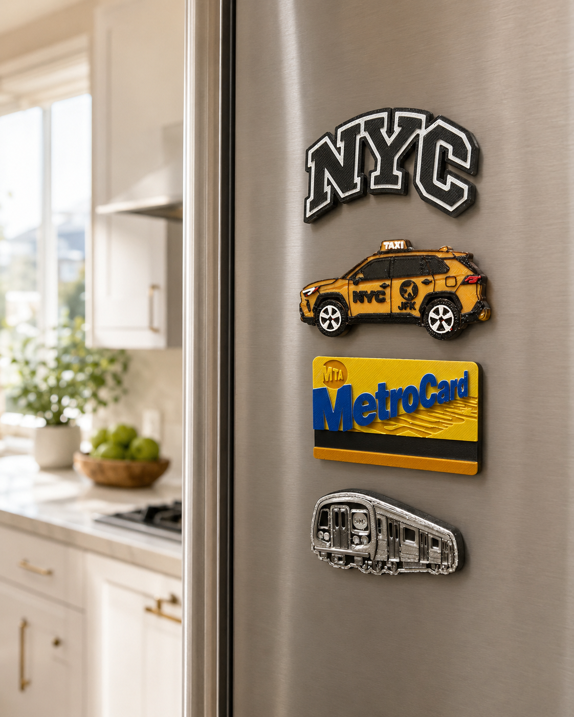 NYC Travelers Pack 4-piece magnet set displayed on a stainless steel refrigerator