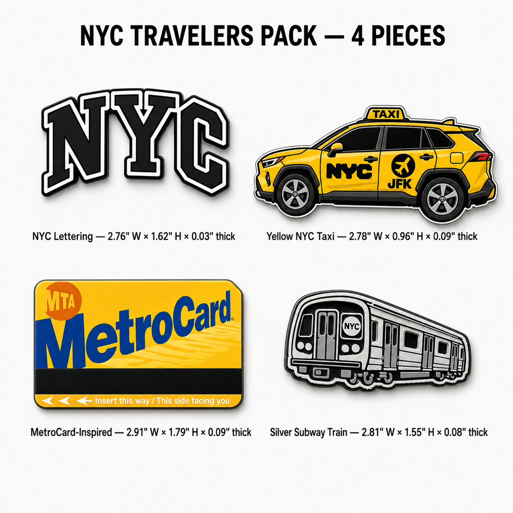 NYC Travelers Pack four piece magnet set with exact dimensions
