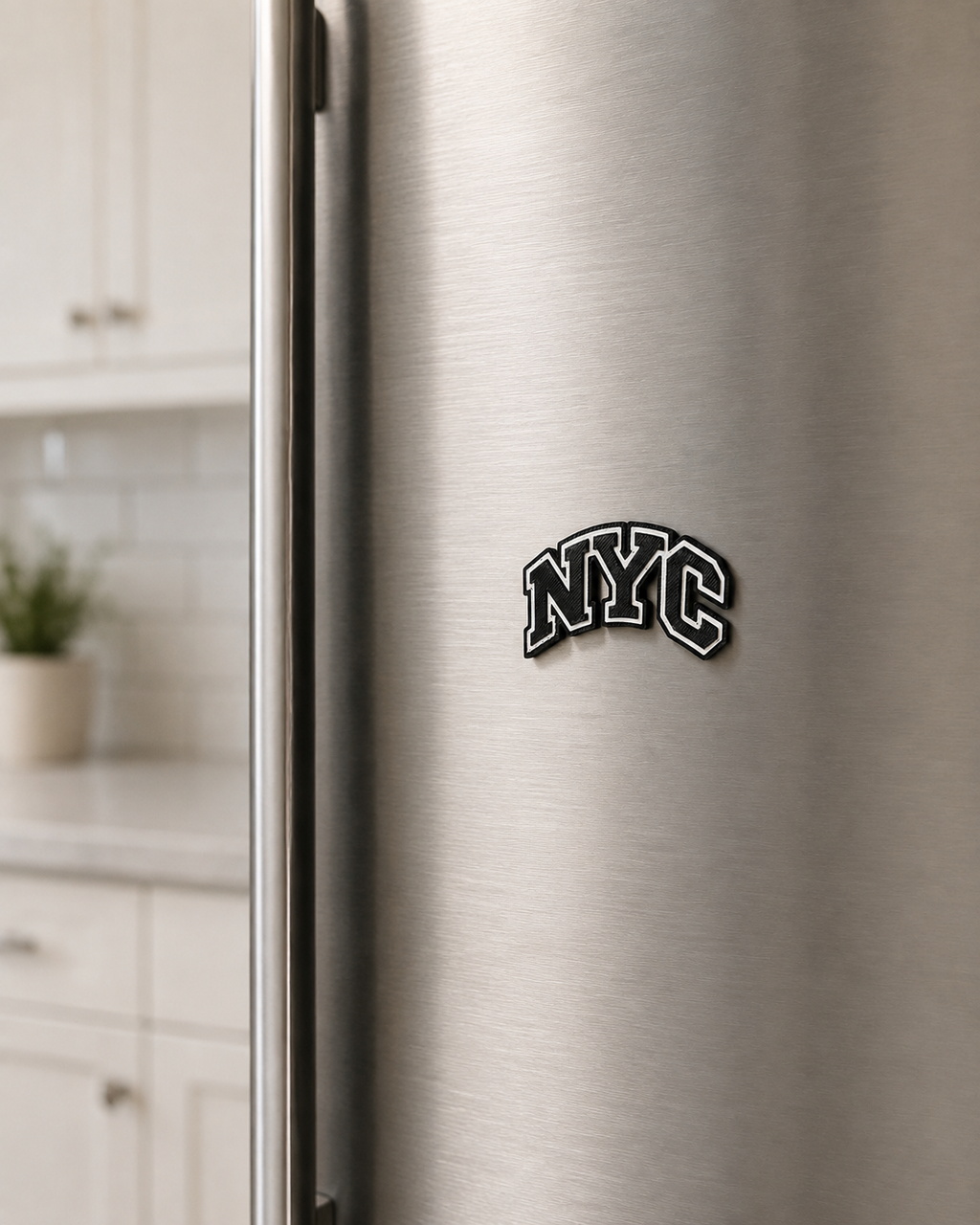 NYC varsity magnet on a stainless steel refrigerator