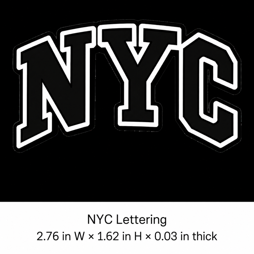 NYC Varsity refrigerator magnet with exact dimensions 2.76 inches wide by 1.62 inches high by 0.03 inches thick