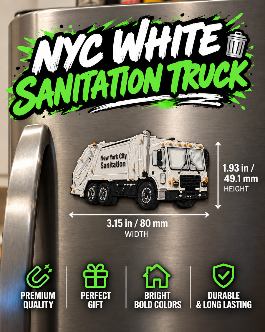 NYC White Sanitation Truck 3D Printed Refrigerator Magnet