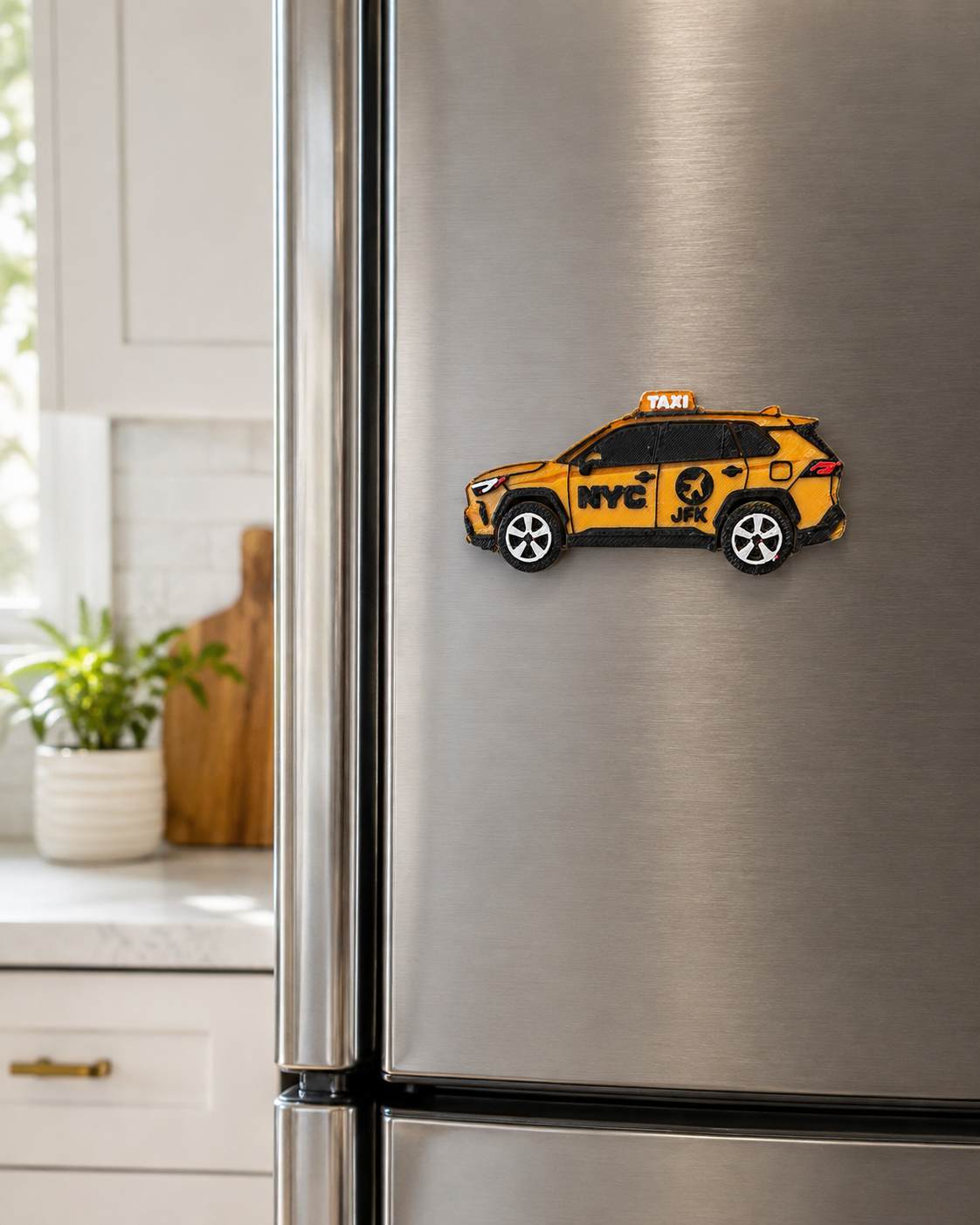 NYC yellow taxi 3D printed refrigerator magnet displayed on a stainless steel refrigerator in a modern kitchen