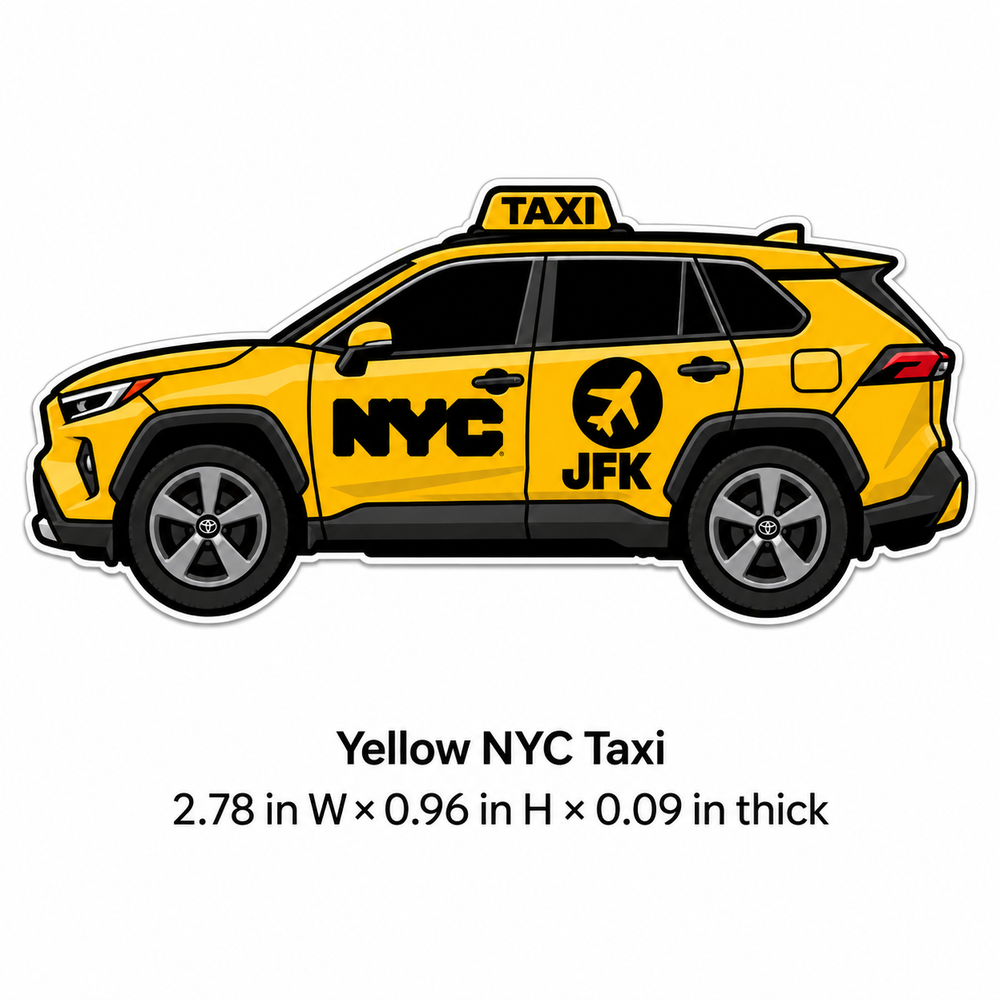 NYC Yellow Taxi refrigerator magnet with exact dimensions 2.78 inches wide by 0.96 inches high by 0.09 inches thick