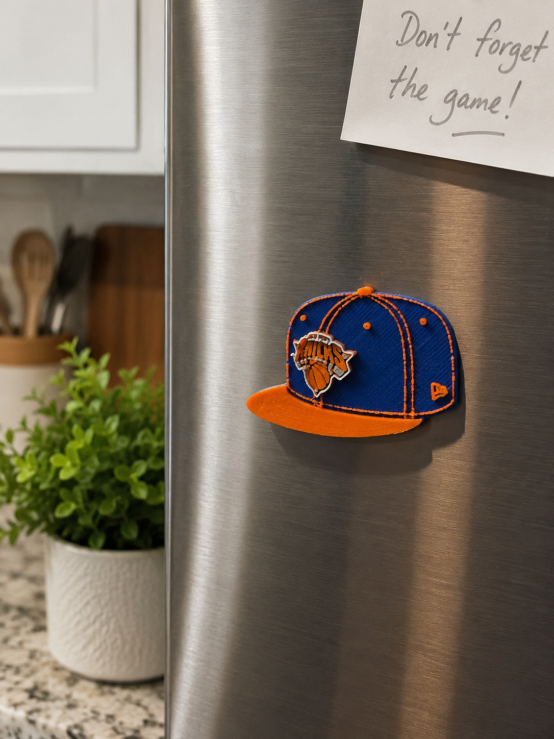 New York Basketball Hat Magnet | 3D Printed Refrigerator Magnet | Blue & Orange Cap Decor