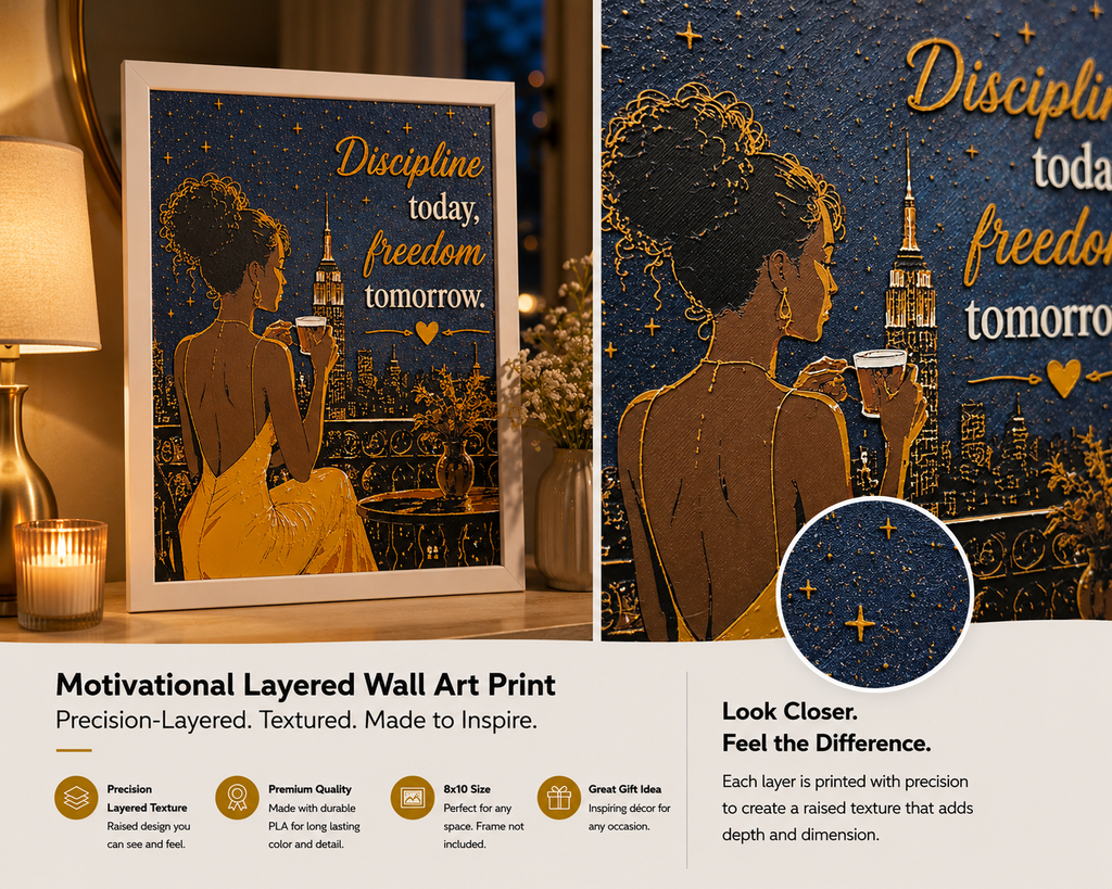 Discipline Today, Freedom Tomorrow | Textured 3D Layered Wall Art | 8x10 Motivational Print